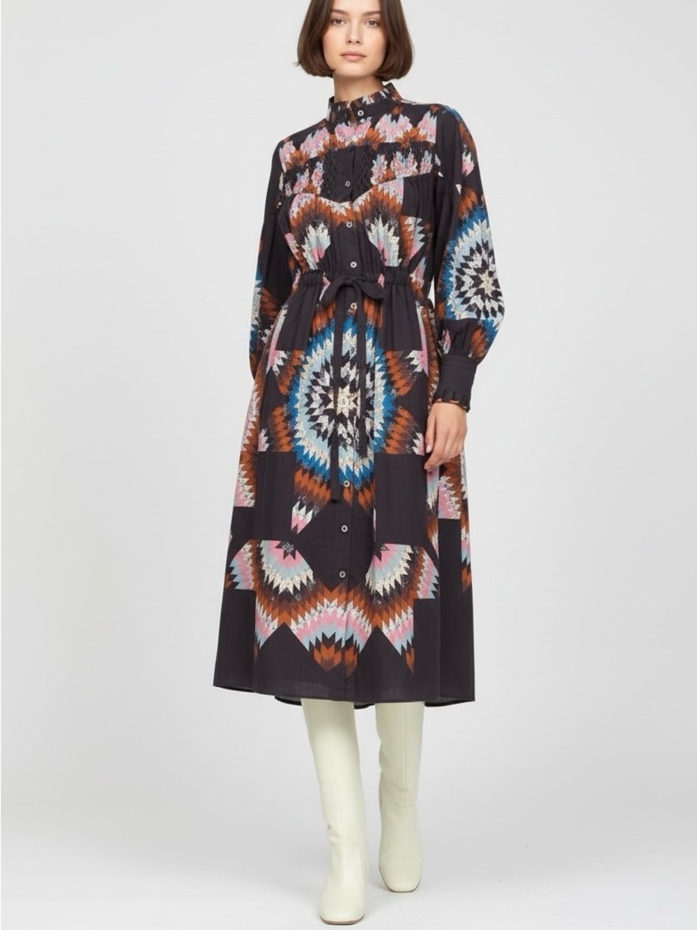 SEA New York Size S Lindstrom Quilt Print Long Sleeve Midi Dress Boho Fall
